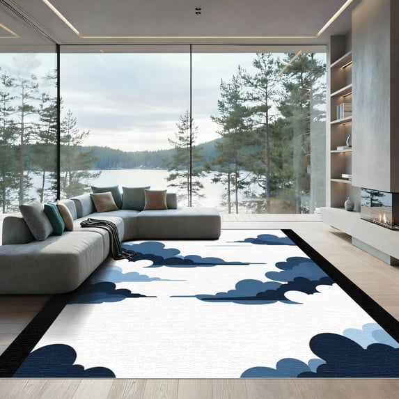 ODIKA 5'x7' Machine Washable Non-Slip Area Rug, Graphic Navy Blue High Traffic Rug, Blue, 1060737