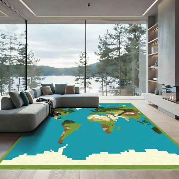 ODIKA 5'x7' Machine Washable Non-Slip Area Rug, Graphic Teal High Traffic Rug, Green, 1048884