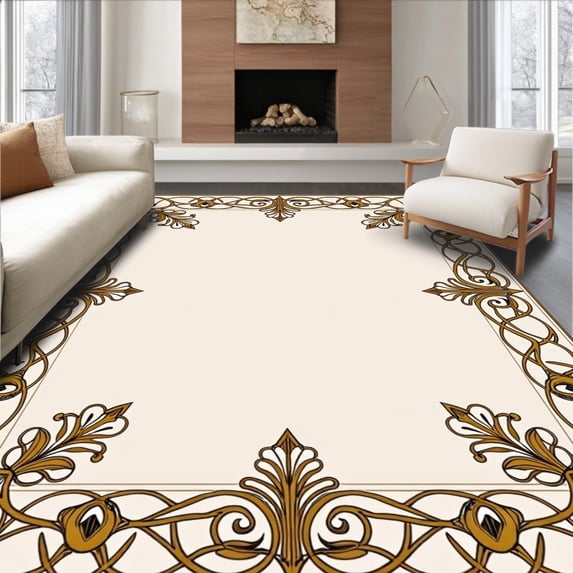 ODIKA 5'x7' Machine Washable Non-Slip Area Rug, Harmonious Lattice Interwoven Paisley Jewel Treasure High Traffic Rug with Pad, Beige, 426451