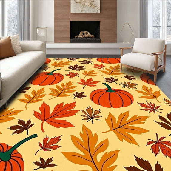 ODIKA 5'x7' Machine Washable Non-Slip Area Rug, Harvest Celebration Pumpkin Decorative Entrance Welcome High Traffic Rug, Orange, 601918