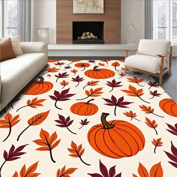 ODIKA 5'x7' Machine Washable Non-Slip Area Rug, Harvest Festival Pumpkin Leaf Tapestry Decorative Accent High Traffic Rug with Pad, Orange, 602495