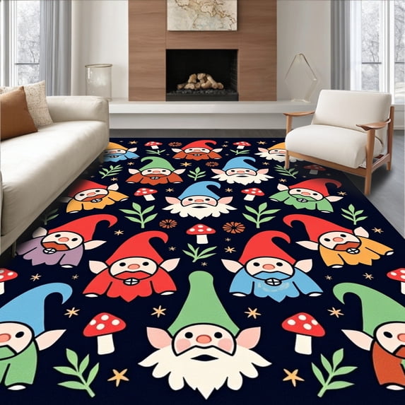 ODIKA 5'x7' Machine Washable Non-Slip Area Rug, Hearth Enchanted Night Magical Gnome Family Arrangement High Traffic Rug, Red, 731626