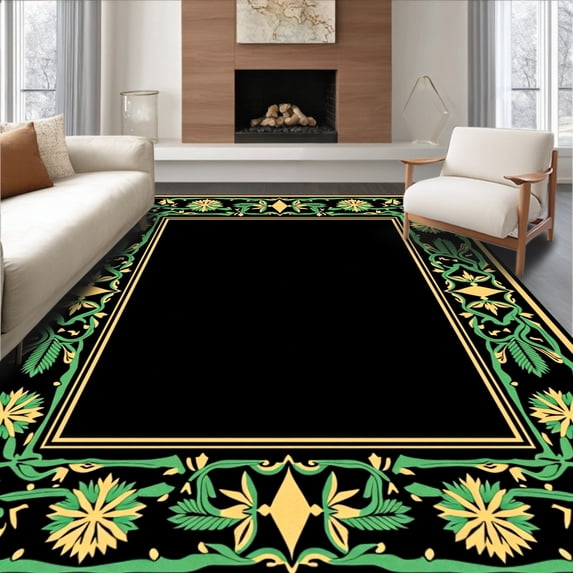 ODIKA 5'x7' Machine Washable Non-Slip Area Rug, Heritage Stallion and Pinecone with Starburst Motifs High Traffic Rug with Pad, Black, 745278