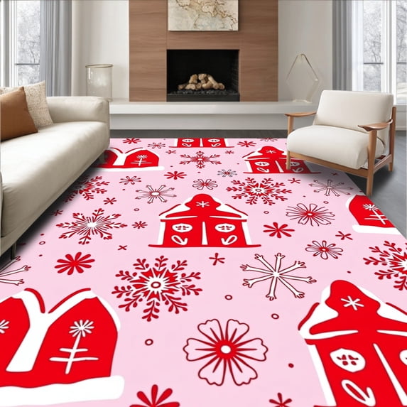 ODIKA 5'x7' Machine Washable Non-Slip Area Rug, Holiday Cookie Village with Snowflake Embellishments Decorative Art High Traffic Rug, Pink, 740366