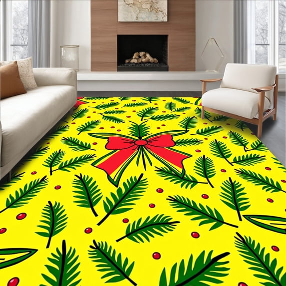 ODIKA 5'x7' Machine Washable Non-Slip Area Rug, Holiday Pine Boughs Interlocking Bow Motif Festive High Traffic Rug with Pad, Yellow, 623370