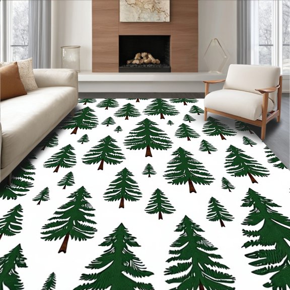 ODIKA 5x7 Machine Washable Non-Slip Area Rug, Holiday Tapestry Hook Kit with Snowy Conifer Forest Floor High Traffic Rug, Green, 649628