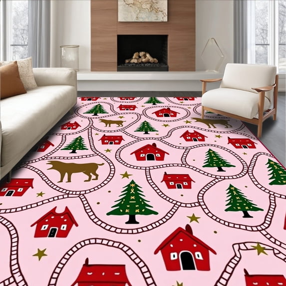 ODIKA 5'x7' Machine Washable Non-Slip Area Rug, Holiday Village Scene with Reindeer and Twinkling Stars High Traffic Rug with Pad, Pink, 732445
