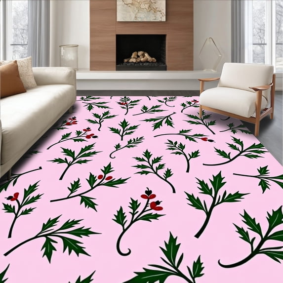 ODIKA 5'x7' Machine Washable Non-Slip Area Rug, Holly Berry Hook Kit Festive Botanical Crochet Canvas Project High Traffic Rug, Pink, 647370