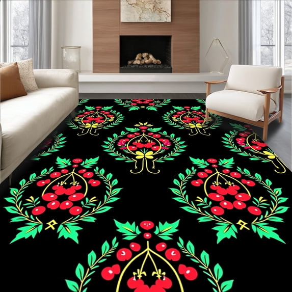 ODIKA 5'x7' Machine Washable Non-Slip Area Rug, Holly Berry Wreath Motif Seasonal Floor Decoration High Traffic Rug with Pad, Red, 733029