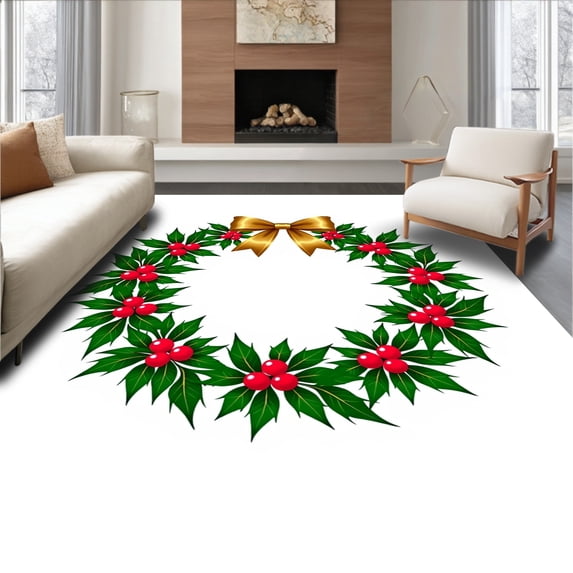 ODIKA 5'x7' Machine Washable Non-Slip Area Rug, Holly Berry Wreath Seasonal Celebration Floor Covering High Traffic Rug with Pad, Green, 505527