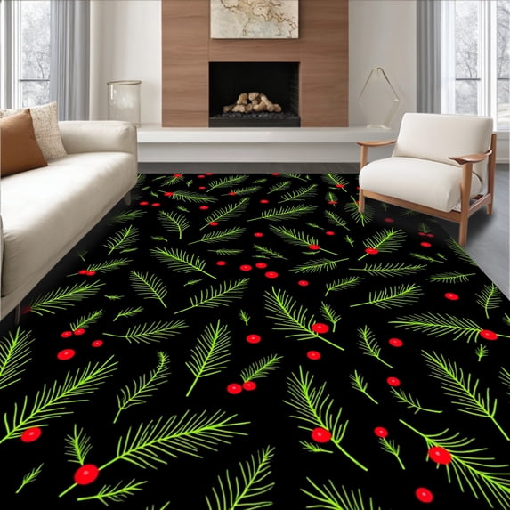 ODIKA 5'x7' Machine Washable Non-Slip Area Rug, Holly Branch Festive Doorway Welcome High Traffic Rug with Pad, Green, 623656