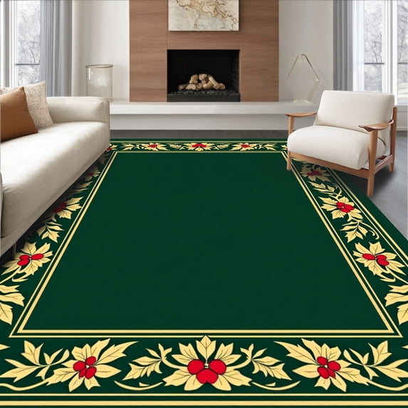 ODIKA 5'x7' Machine Washable Non-Slip Area Rug, Holly Leaf Border with Berry Cluster Embellishments High Traffic Rug, Green, 606859