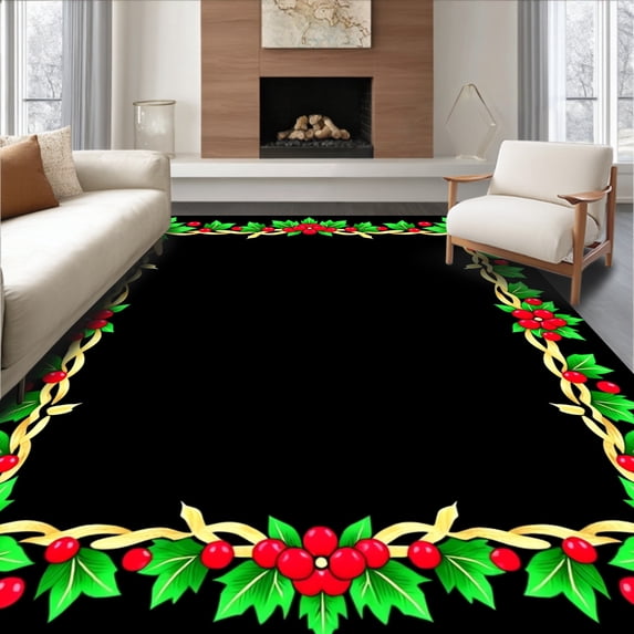 ODIKA 5'x7' Machine Washable Non-Slip Area Rug, Holly Wreath Traditional Holiday Stitching High Traffic Rug, Green, 646203