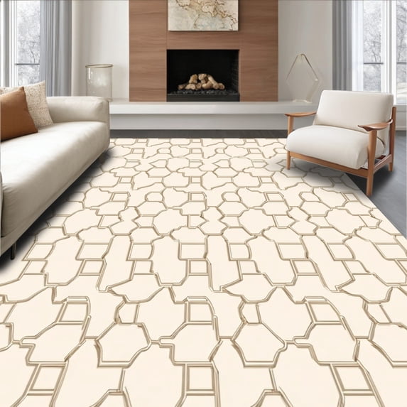 ODIKA 5'x7' Machine Washable Non-Slip Area Rug, Honeycomb Lattice Network with Hexagonal Framework High Traffic Rug, Beige, 562406