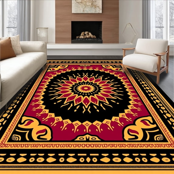 ODIKA 5'x7' Machine Washable Non-Slip Area Rug, Hook Weaving Kit Flower Motif Canvas Embroidery Stitch Project High Traffic Rug with Pad, Black, 640457