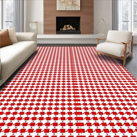 ODIKA 5'x7' Machine Washable Non-Slip Area Rug, Houndstooth Check Design Floor Covering with Classic Motif High Traffic Rug, Red, 510237