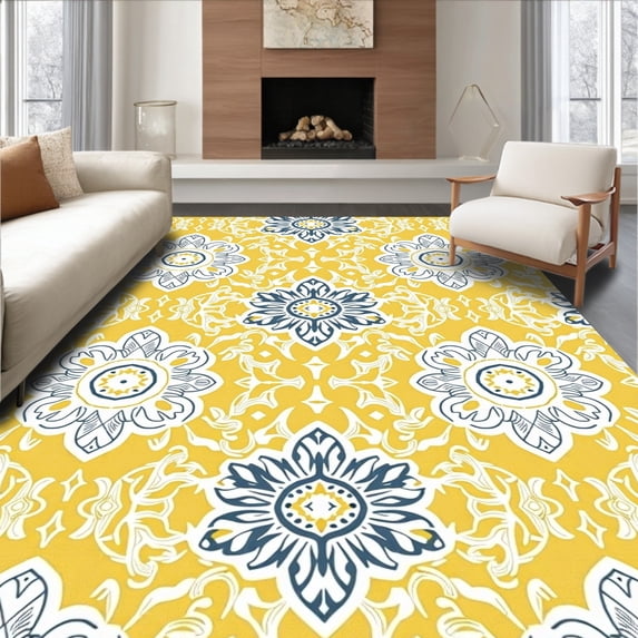 ODIKA 5'x7' Machine Washable Non-Slip Area Rug, Hudson Elegant Lattice Quatrefoil Medallion High Traffic Rug, Yellow, 660844