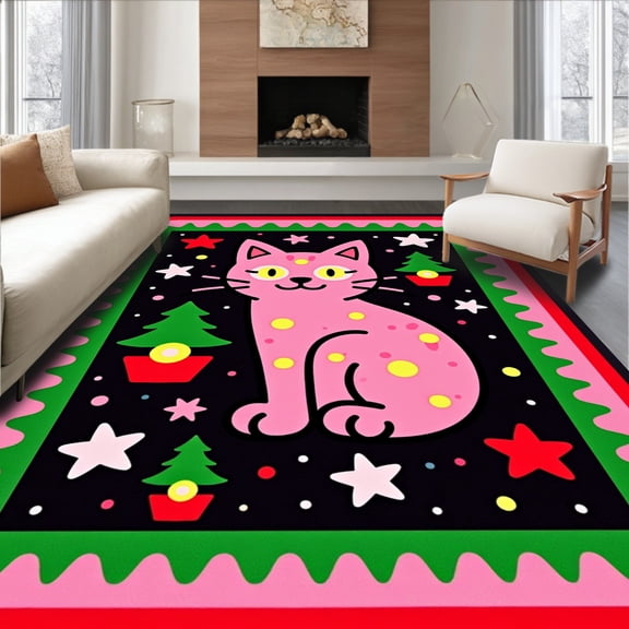ODIKA 5'x7' Machine Washable Non-Slip Area Rug, Illuminated Feline Holiday With Twinkling Lights High Traffic Rug, Pink, 608196