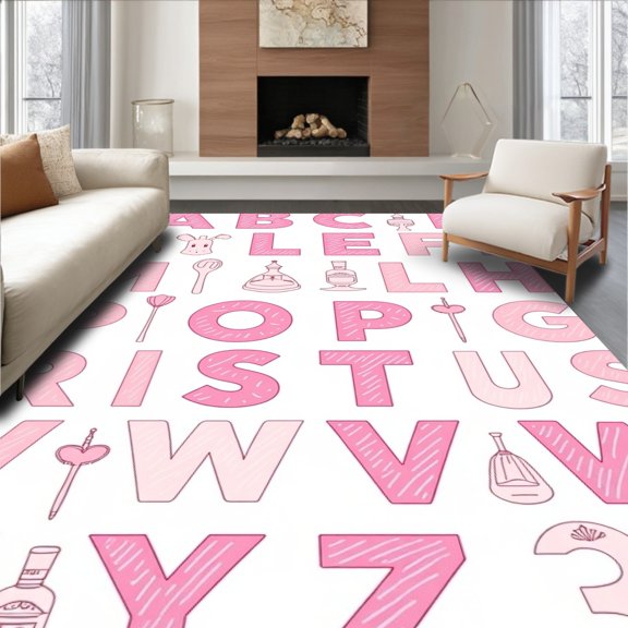 ODIKA 5x7 Machine Washable Non-Slip Area Rug, Interactive Phonics Playmat Vocabulary Building Entertainment High Traffic Rug, Pink, 692278