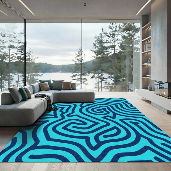 ODIKA 5'x7' Machine Washable Non-Slip Area Rug, Interlocking Curved Labyrinth Design Statement High Traffic Rug, Blue, 927537