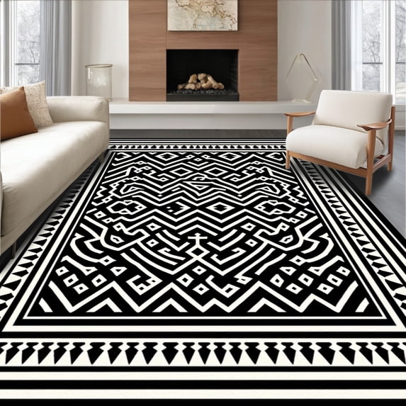 ODIKA 5'x7' Machine Washable Non-Slip Area Rug, Interlocking Diamonds with Arrowhead Motifs and Bold Border Accents High Traffic Rug with Pad, Black, 462996
