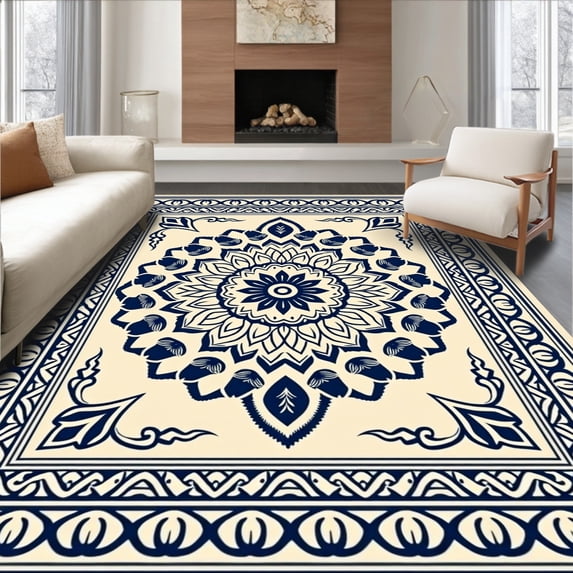 ODIKA 5'x7' Machine Washable Non-Slip Area Rug, Interlocking Floral Design with Wind Swept Petal Motifs High Traffic Rug with Pad, Beige, 550193