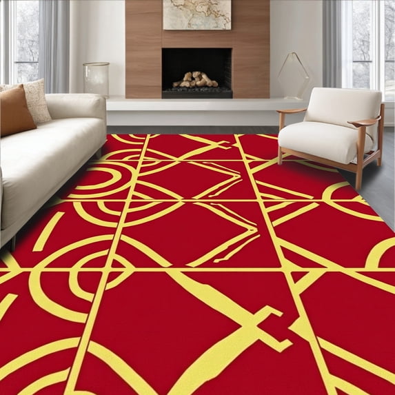 ODIKA 5'x7' Machine Washable Non-Slip Area Rug, Interlocking Gridiron with Dynamic Sports Lettering and Team Spirit Motifs High Traffic Rug with Pad, Red, 675239
