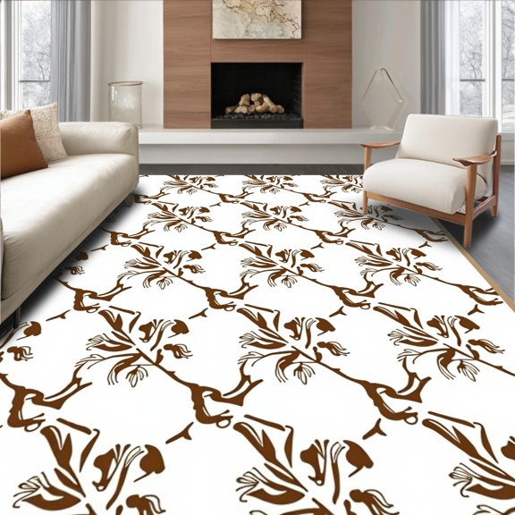 ODIKA 5x7 Machine Washable Non-Slip Area Rug, Interlocking Latticework Trellis with Stylized Leaf Details High Traffic Rug, Brown, 562909