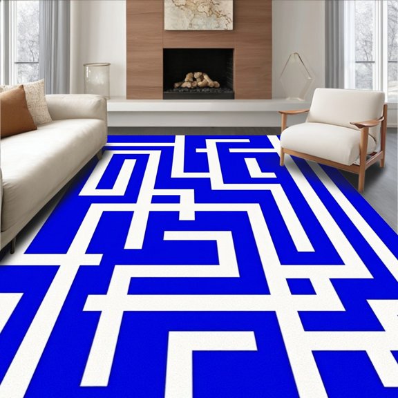 ODIKA 5'x7' Machine Washable Non-Slip Area Rug, Interlocking Maze Motif Contemporary Labyrinth Art High Traffic Rug, Blue, 495719