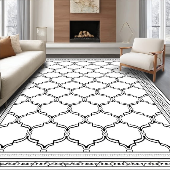 ODIKA 5x7 Machine Washable Non-Slip Area Rug, Interlocking Maze Trellis Luxury Decorative Fashionable Jewel High Traffic Rug, Black, 657418