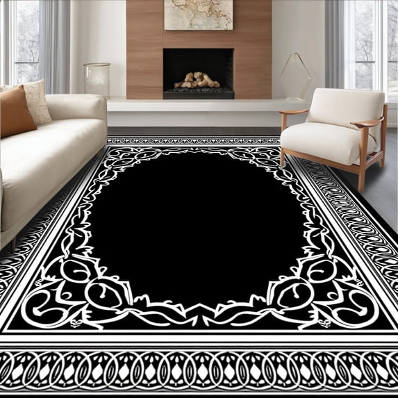 ODIKA 5'x7' Machine Washable Non-Slip Area Rug, Interlocking Medallion With Ornate Baroque Flourishes High Traffic Rug, Black, 464921