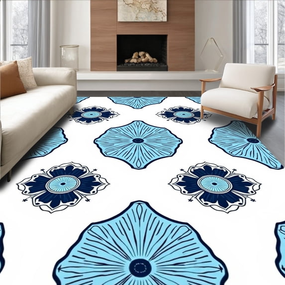 ODIKA 5'x7' Machine Washable Non-Slip Area Rug, Interlocking Shell with Vintage Medallion Motifs High Traffic Rug with Pad, Blue, 550210
