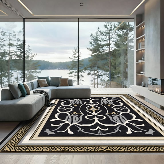 5x7 Soft Washable Area Rug – Non-Slip Backing, Stain Resistant, Red & Grey Geometric
