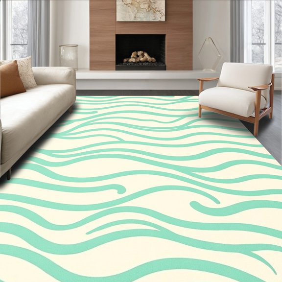 ODIKA 5'x7' Machine Washable Non-Slip Area Rug, Interlocking Wave with Contrasting Minimalist Highlights High Traffic Rug, Ivory, 489632