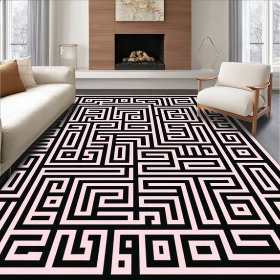 ODIKA 5'x7' Machine Washable Non-Slip Area Rug, Interwoven Labyrinth Puzzle Minimalist Decorative Centerpiece High Traffic Rug with Pad, Pink, 664384