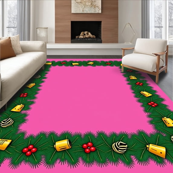 ODIKA 5'x7' Machine Washable Non-Slip Area Rug, Jingle Bells Evergreen Branch Hearth Front Welcoming High Traffic Rug, Green, 734736