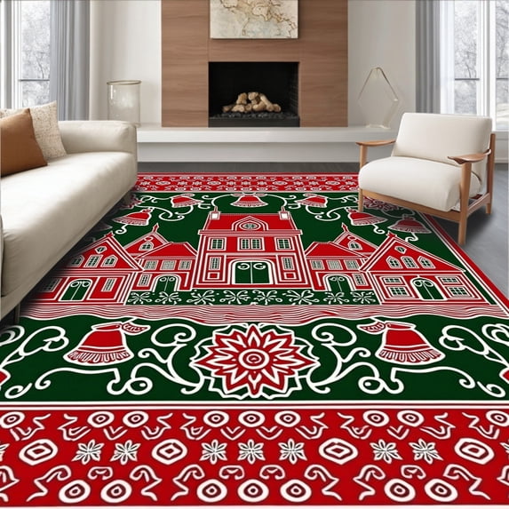 ODIKA 5'x7' Machine Washable Non-Slip Area Rug, Jingle Bells Village Seasonal Accent High Traffic Rug, Red, 742253