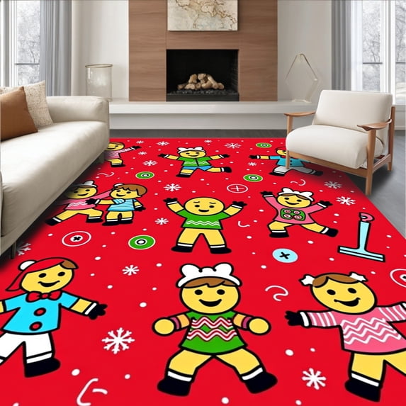 ODIKA 5'x7' Machine Washable Non-Slip Area Rug, Jolly Gingerbread Family Scene Xmas Doormat with Snowy Landscape High Traffic Rug, Red, 631052