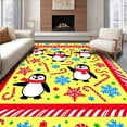 thumbnail image 1 of ODIKA 5'x7' Machine Washable Non-Slip Area Rug, Jolly Penguin Parade with Snowflake Accents and Cane Border High Traffic Rug with Pad, Yellow, 622812, 1 of 8