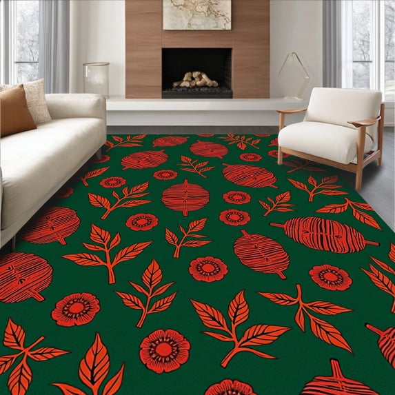ODIKA 5'x7' Machine Washable Non-Slip Area Rug, Jolly Pinecone Berries Foliage Vintage Nostalgic Elegance High Traffic Rug, Green, 651547