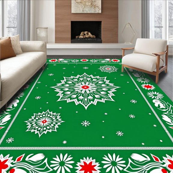 ODIKA 5'x7' Machine Washable Non-Slip Area Rug, Jolly Pixie Wintertime Starflake Motif Floor Skid Proof Base High Traffic Rug, Green, 617728