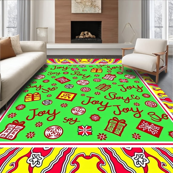 ODIKA 5'x7' Machine Washable Non-Slip Area Rug, Jolly Season Greetings Entrance Decorative Stylish Bright High Traffic Rug, Green, 625514