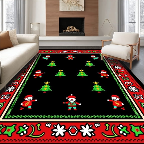 ODIKA 5'x7' Machine Washable Non-Slip Area Rug, Jolly Snowfolk Parade with Twinkling Accents and Decorative Borders High Traffic Rug, Red, 730501