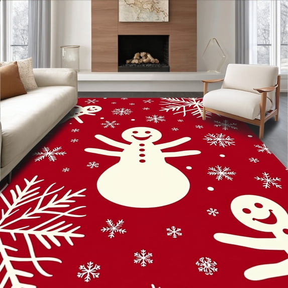 ODIKA 5'x7' Machine Washable Non-Slip Area Rug, Jolly Snowman Winter Wonderland Festive Holiday High Traffic Rug with Pad, Red, 502941