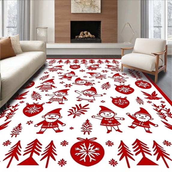 ODIKA 5'x7' Machine Washable Non-Slip Area Rug, Jolly Winter Restroom Kit Featuring Mythical Dwarf Beings High Traffic Rug with Pad, Red, 654596