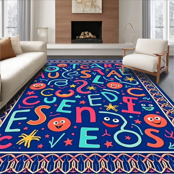 ODIKA 5'x7' Machine Washable Non-Slip Area Rug, Joyful Alphabet Mosaic with Whimsical Sea Life and Creative Letter High Traffic Rug with Pad, Blue, 695327