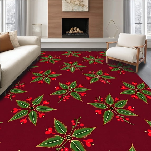 ODIKA 5'x7' Machine Washable Non-Slip Area Rug, Joyful Celebration Yuletide Hearth Embellishment Family Gathering High Traffic Rug with Pad, Red, 607307