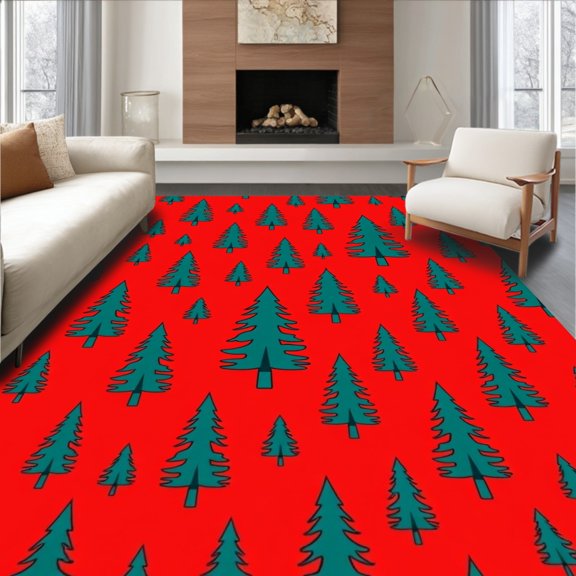ODIKA 5x7 Machine Washable Non-Slip Area Rug, Joyful Evergreen Forest Winter Celebration Pathway Accent High Traffic Rug, Red, 508206
