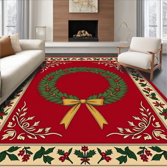 ODIKA 5'x7' Machine Washable Non-Slip Area Rug, Joyful Pinecone Wreath Decorative Yuletide Celebration Floor Covering High Traffic Rug with Pad, Red, 609861