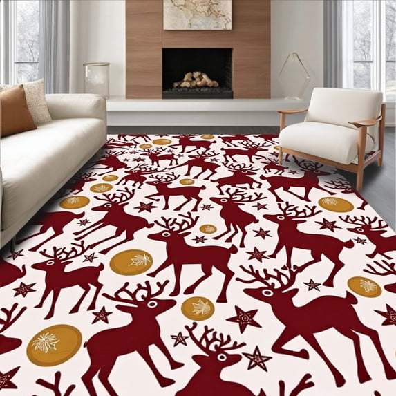 ODIKA 5'x7' Machine Washable Non-Slip Area Rug, Joyful Reindeer Dancing Holiday High Traffic Rug with Pad, Red, 734307